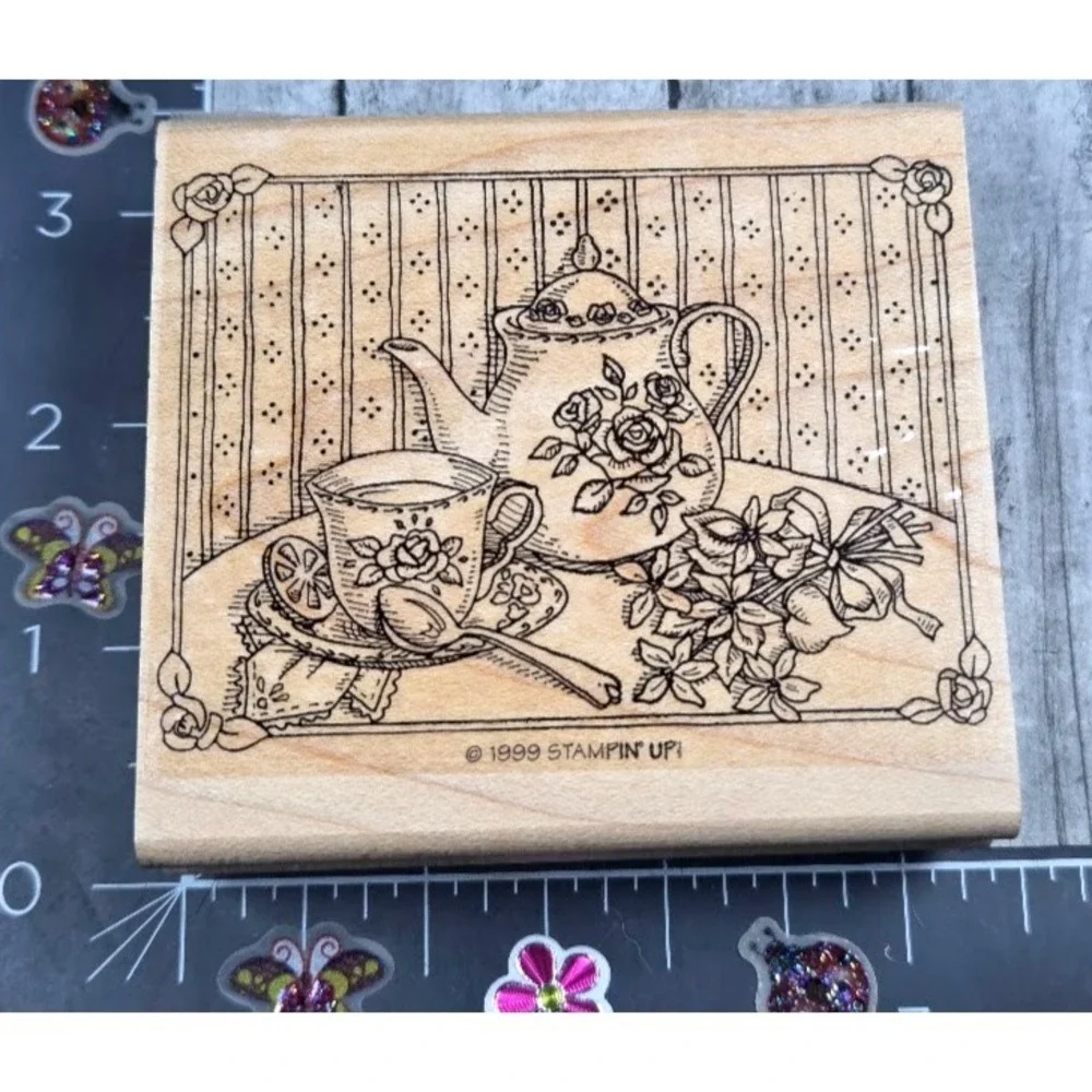 Stampin' Up! Country Tea Set Flowers Rose 1999 Rubber Stamp Wood #M79